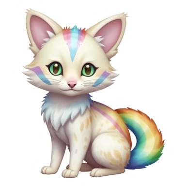  cute adorable white albino fur with random colorful iridescent rainbow markings beautiful elegant pretty precious cute  Fakémon-Pokémon-alien-opossum-feline-serval-caracal-chinchilla-Minccino-hybrid-creature with a big fluffy bushy striped tail (full body) sticker