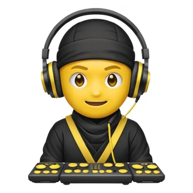 Make a customized yellow  emoji that has dj headphones on and a ninja outfit sticker