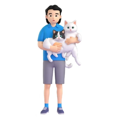 teenage boy with black hair wearing blue short sleeve shirt holding a white ragdoll cat sticker