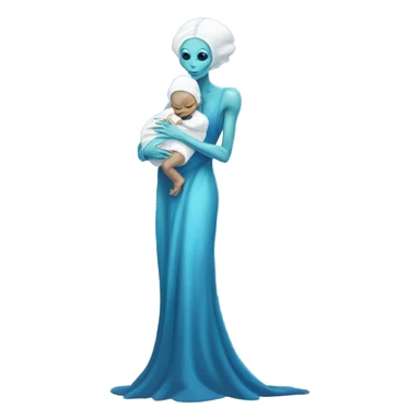  Reptilian alien woman , full body, in blu elegant dress , holds a newborn white humman baby sticker