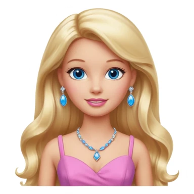 barbie, long blonde hair, pink dress, with blue eyes,different dress,ear rings, jewelary. sticker