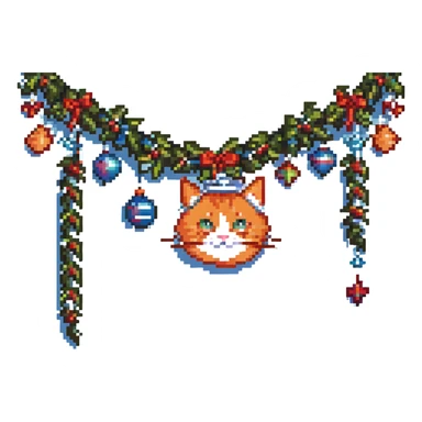 head of an orange cat in pixel art style, simplified details, Christmas garland like on a New Year tree, gaming style sticker
