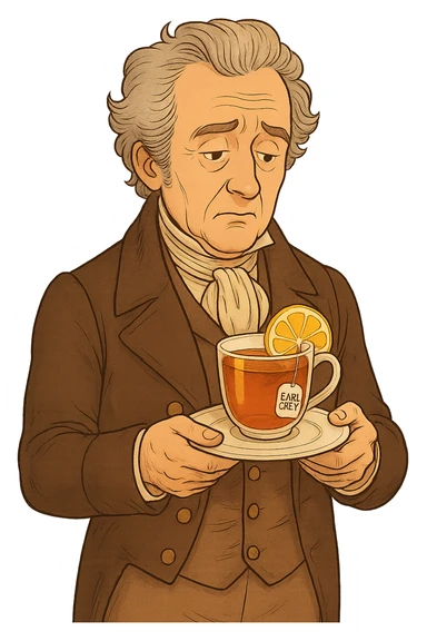 Используя такую стилистику сгенерируй Графа Уильяма Грея, который задумчиво держит в руках тарелку с чашкой черного чая Эрл Грей и лимоном внутри, прозрачный фон sticker