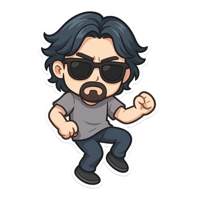 a dark brooding hipster with electric dark blue hair, surfer middle part, chin length hair, classic neat trimmed bushy goatee, black classic rayban shades, plain gray t-shirt, doing the shuffle dance, step shuffle tiktok dance, 1980's dance sticker
