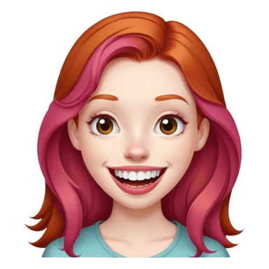 Young girl with pale skin, full pink lips smiling with big teeth, ginger red hair (very long), bigger nose, deep brown eyes (less green), big mouth sticker