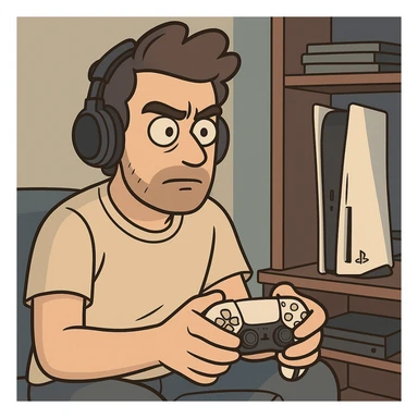 cartoon style man with headphones playing PlayStation 5, focused, gamepad in hands, gaming room sticker