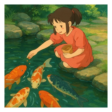 girl feeding koi fish in a pond sticker