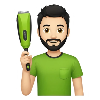 smiling young fair-skinned man with messy black hair and beard, wearing a black t-shirt, holding a palm-sized lime green trimmer in one hand sticker