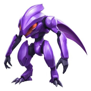 a shiny purple Genesect-Raptor-Fakémon—hybrid with a futuristic visor-helmet full body sticker