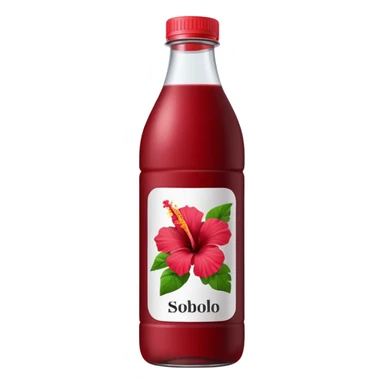 sobolo emoji (Ghanaian frink) in a plastic bottle and make the juice dark red  but a hibiscus on it and  write sobolo on it no hibiscus behind it on the label instead sticker