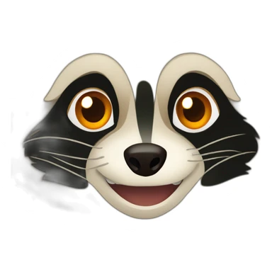 a small brown raccoon with orange eyes and a dark green hood that is laughing sticker