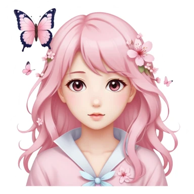 A Gorgeous Beautiful Anime Lady Sakura Cherry Blossom and Pretty Hair, pastelcore aesthetic, pastel pink and white, butterfly sticker