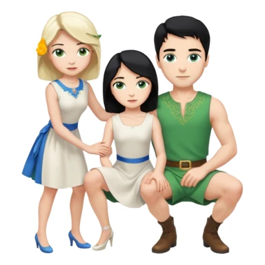 prince, upright, black Hair, blue eyes, garment,  Woman, bending knee, sleveless white dress, blonde hair, green eyes, sticker