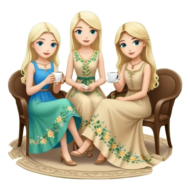 Turkish Konya blonde girl beautiful finish blue eyes with Beautiful beige green floral long tail dress and this two friends sit in a lovely garden on the chair on the ground and holds cup coffe with her hand  sticker