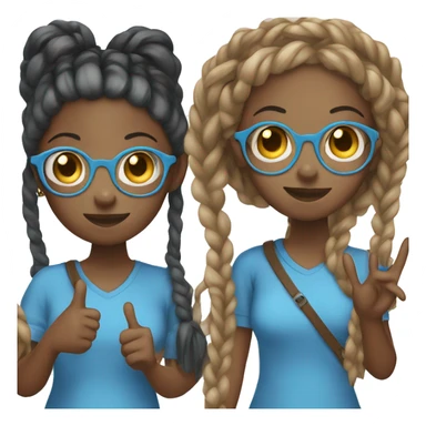 Black girl with a bunch of braids and a long blue shirt with black glasses holding up a peace sign sticker