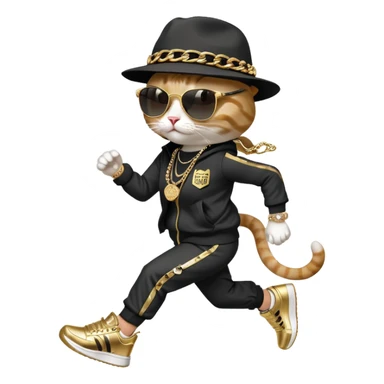 female cat running upright wearing Run DMC hip-hop outfit, tracksuit, fedora, Adidas sneakers, dark sunglasses, many gold chains, bling accessories (rings, bracelets, earrings) sticker