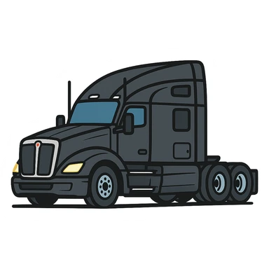 2026 Black Kenworth T680 Sleeper semi truck, side view, headlights on, minimal flat icon style, no background sticker