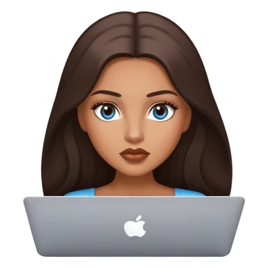 Glamours tanned very beautiful girl with pump lips and dark chocolate straight smooth long hair, blue-grey eyes with MacBook sticker