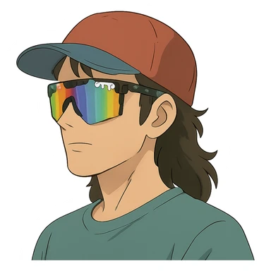 ghibli style guy with mullet and baseball cap, wearing polarized Pit Viper glasses sticker