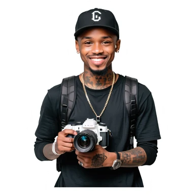 Young African cinematographer with tattoo-covered arms, wearing all black clothing and a baseball cap, holding a DSLR camera. Has dark brown eyes, a bright smile, and a small goatee. sticker