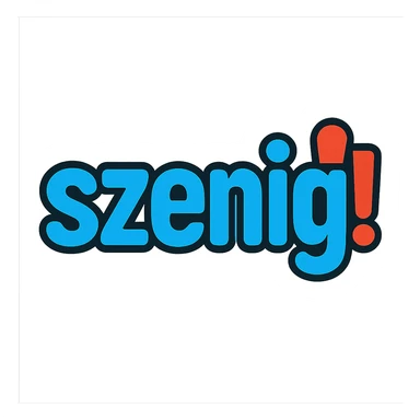 Text logo with the word 'szenig' in blue filling the entire area, and the exclamation mark at the end in strong red. Friendly, clear look with transparent background. sticker
