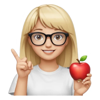 smiling girl with blonde hair, bangs, and brown eyes, wearing black square glasses and a white oversized T-shirt, pointing her finger up to the right, Apple emoji style sticker