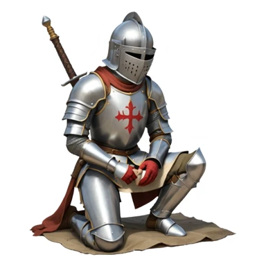 A lone medieval knight in plate, worn armor kneels. His helmet is closed, hiding his face, conveying silence, exhaustion and contemplation. A long sword is planted in the ground beside him, its hilt resting near his gloved hands as if he is praying or resting after battle. sticker
