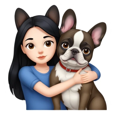 A beautiful girl with long black hair hugs a French bulldog sticker