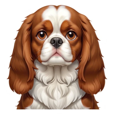 Cinematic Grumpy Blenheim Cavalier King Charles Spaniel Portrait Emoji, Head tilted slightly with a deeply unimpressed expression, thick Blenheim coat with pronounced chestnut and white markings, large, droopy brown eyes narrowed into an unamused glare, ears slightly drooping in exasperation, Simplified yet comically expressive features, highly detailed, glowing with a dry, sarcastic glow, high shine, effortlessly judgmental yet dignified, stylized with a touch of cynicism, bright but brooding, soft glowing outline, capturing the essence of an eternally unimpressed yet endearing companion, so lifelike it feels like it could sigh heavily at you in disdain at any moment! sticker