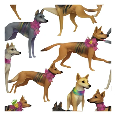  brindle brown black maroon striped lurcher Alsatian fox running blue eyes and iridescent holographic oilslick harness wearing paper iridescent tropical flower crown yellow caution tape sticker