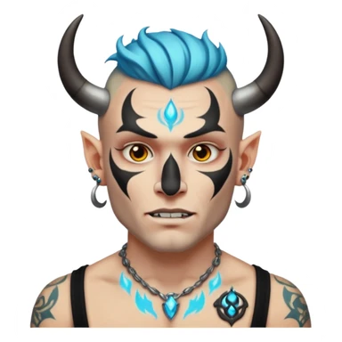 white skin Rock-style man — piercings, glowing tattoos on face, black horns sticker