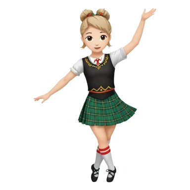 Female highland dancer with hair in bun wearing kilt and dancing sticker