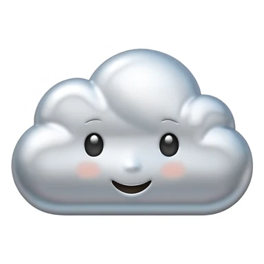A cute cloud emoji made of silver chrome, smooth rounded shape, glossy metallic surface, soft reflections, minimal and friendly design, iOS emoji style, centered, clean white background, soft lighting sticker