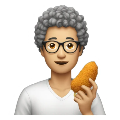 Asian man with round glasses and natural perm eating chicken sticker
