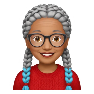 Older woman of color with gray braids, glasses and smiling sticker
