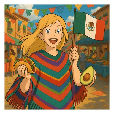 ghibli style cartoon of a tall blonde woman in a colorful poncho, smiling, holding a taco and avocado, waving a Mexico flag, festive street party background with food and decorations sticker