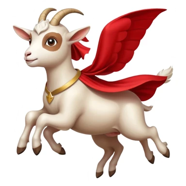 side view of white female goat wearing a read cape like superman sticker