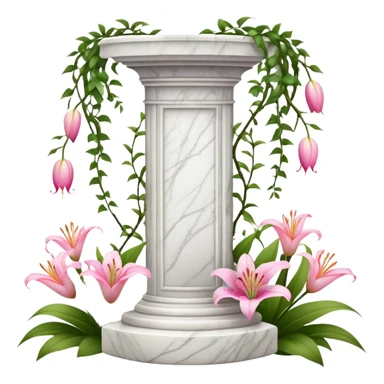 White tall marble pedestal with vines growing around it and pink lilies, beautiful romantic scenery  sticker