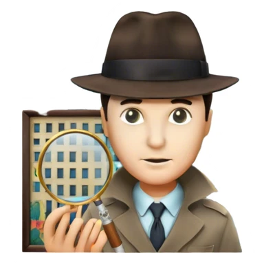 A colorful collage featuring iconic detective elements—magnifying glass, a fedora hat, a cigarette, a shadowy figure, and a mysterious city backdrop, a board with photos of suspects. Include subtle clues like fingerprints or a crime scene. Retro movie poster style. Transparent background. sticker