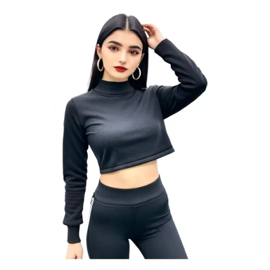 Siyah uzun saçlı siyah ceket  polar ceket ceket gevşek biraz omzundan çıkıyormuş gibi ve bugday ten rengi soltaraftaki omzundan çıkık sadece içinde de siyah crop var crop açık esmer esmer ceketin içinde siyah crop var ceket fazla omzundan çıkmasın  sticker