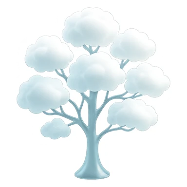 one tree with many branches and a white trunk, crown made of small very bright white fluffy convex clouds, matte glass style sticker