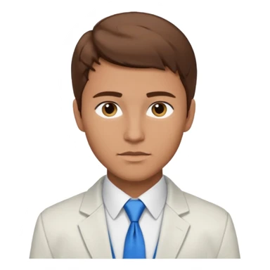 un homme type caucasien brun plutot jeune avec des jolies traits avec une chemise blanche et une veste a manche longues et cravate bleu il a les yeux marron sticker