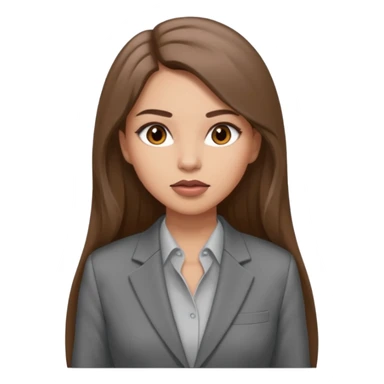 a young woman in a grey pantsuit.   She has brown eyes and very long brown hair. The parting of the hair is straight in the middle and the skin color is light. Lips are pumped up sticker