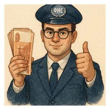 В слегка рисованном, но при этом объемном стиле инспектор ФНС держит пачку 5000 тысячных купюр, другой показывает класс и смотрит ровно на зрителя sticker