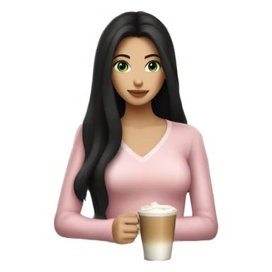 girl with very long black hair and green eyes and light pink outfit drinking a latte sticker