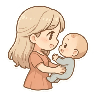 adult woman with long light hair holding a baby in her arms, they look at each other and smile, side view, chibi stickers style, thin clean outlines, soft rounded shapes, pastel palette, detailed shadows and highlights, soft lighting sticker