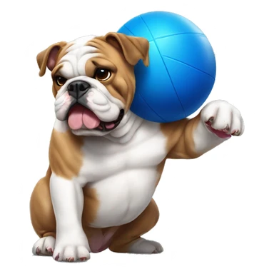 English bulldog playing with big blue ball sticker