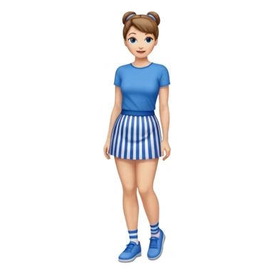 Pretty 50-year-old woman with 1 miniskirt that is blue and white striped brown hair in bun blue eyes and pretty legs sticker