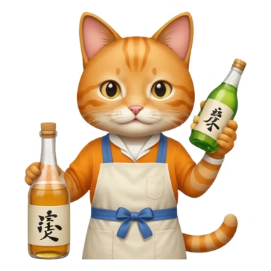 cool cat wearing an apron holding a bottle of sake sticker
