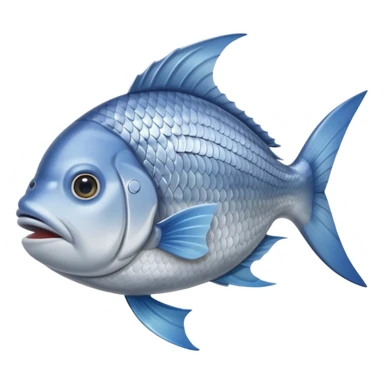 whole raw sea bream, natural arch, shiny silver scales, blue-grey top, pale belly, eye, fins, tail, mouth closed, fresh and firm, no plate, ice, garnish, clean 3D, soft shadows, transparent background, emoji scale sticker